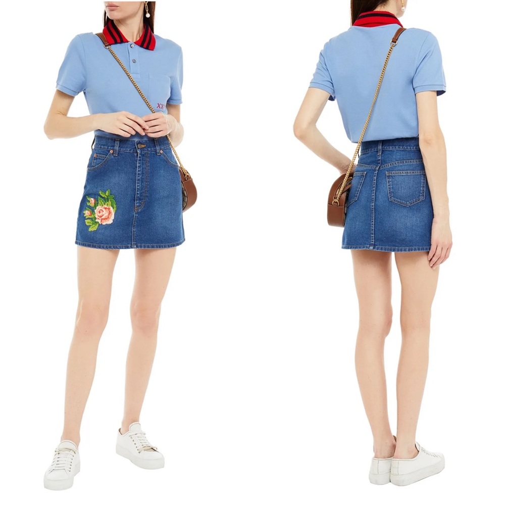 Gucci Flower Embroidered Denim Mini skirt in washed blue